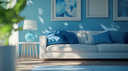 青いアクセントが映える爽やかなリビングルームインテリア | Refreshing Living Room Interior with Blue Accents