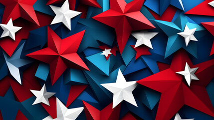Obraz premium Abstract red and blue geometric shapes with white star motifs and artistic design.