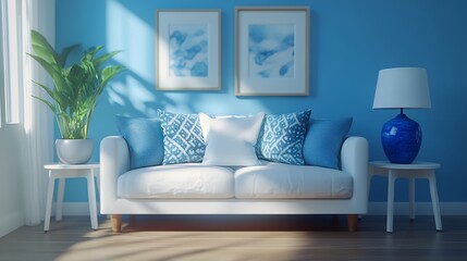 青いアクセントが映える爽やかなリビングルームインテリア | Refreshing Living Room Interior with Blue Accents