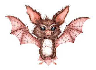 Bat with spread wings brown watercolor illustration. Mammal isolated from background. For Halloween cards, invitations, posters, covers.
