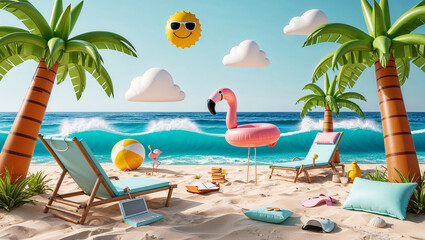 Obraz premium Beach scene cartoon-style palm trees lounge