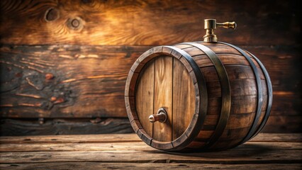 A vintage wooden barrel with a brass tap, set against a rustic backdrop of weathered planks.