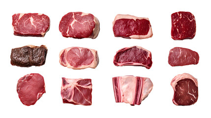 Obraz premium Set of different raw steaks, top view, isolated