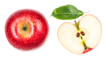 Fresh red apple leaf isolated on white, ripe apples Red red apple half isolated on white background. Red apple clipping path Fortune cookies, Gala apples  with healthy food concept and fresh 
