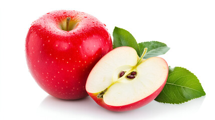 Fresh red apple leaf isolated on white,Red apple with leaf and slice isolated on the white background,Ripe red apples isolated on white Gala apples and leave with healthy food concept and tasty

