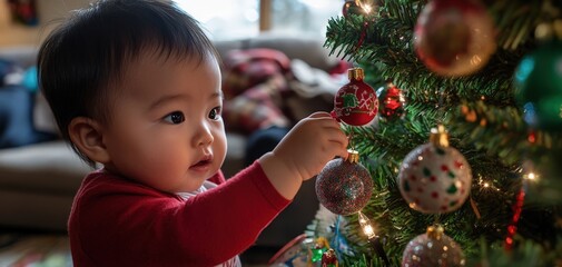 A joyful baby decorates a Christmas tree with colorful ornaments, celebrating the holiday.