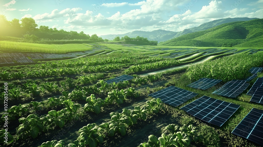 Poster a futuristic agricultural field where crops are grown using regenerative farming techniques, with sm
