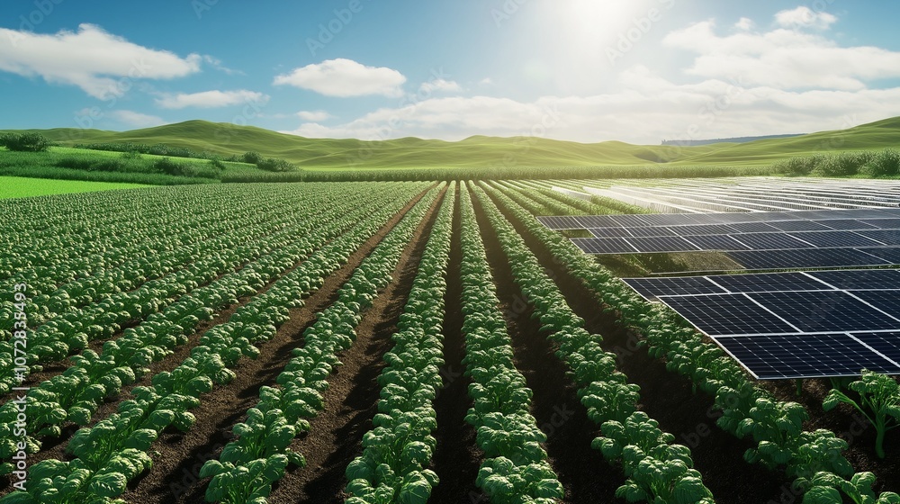 Poster a futuristic agricultural field where crops are grown using regenerative farming techniques, with sm