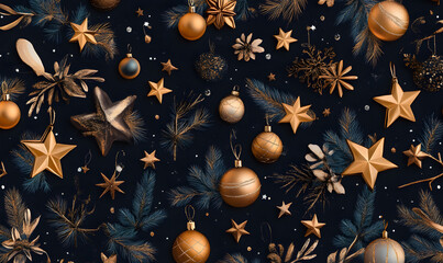 Fototapeta premium Christmas and New Year designs with festive ornaments, golden snowflakes, cozy wreaths, and sparkling holiday accents for wallpaper and greeting cards