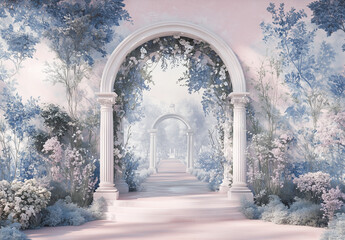 archway in the park, beautiful arch with flowers for wedding invitation background, wedding backdrops