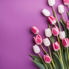 Obraz premium A vibrant arrangement of pink and white tulips on a purple background, showcasing natural beauty.