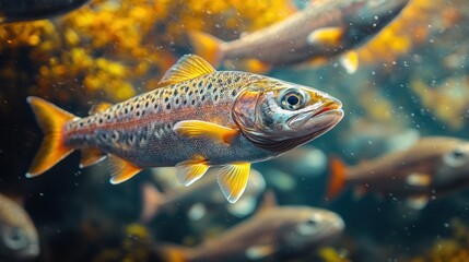 Naklejka premium Underwater scene featuring a vibrant fish among its school.
