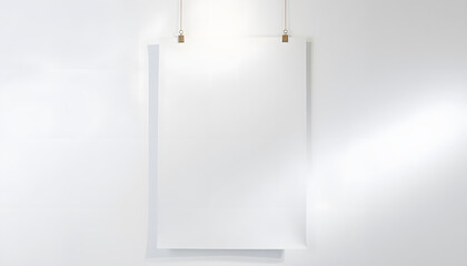 Blank white poster hanging up with clips mockup isolated with white highlights, png