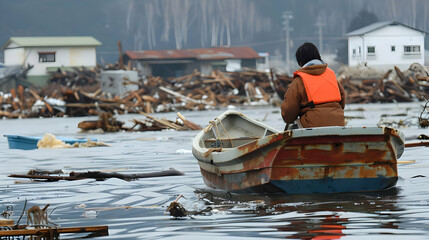 Obraz premium A person in a boat searching for survivors in a tsunami-struck area