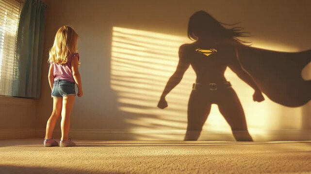 A young girl stands in sunlight, casting a powerful superhero shadow on the wall, symbolizing inner strength and imagination.