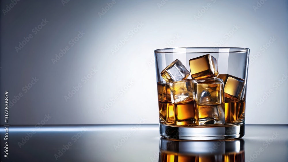Poster a glass of amber liquid with ice cubes on a reflective surface with a plain background.