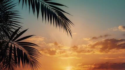 Tropical leaves silhouette against a sunset gradient background, creating a calming, exotic vibe.