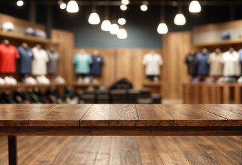 Empty brown wooden table and De focused/blurry background of Sports clothing store with bokeh image luxury and fashionable brand,can be used for montage or display your products