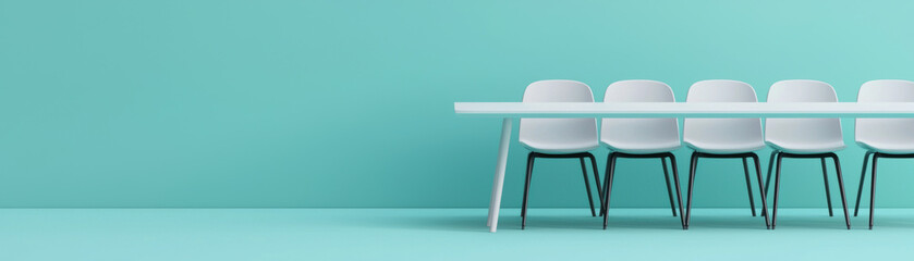 A minimalist design featuring a row of sleek, white chairs against a vibrant teal wall, emphasizing modern aesthetics and simplicity.