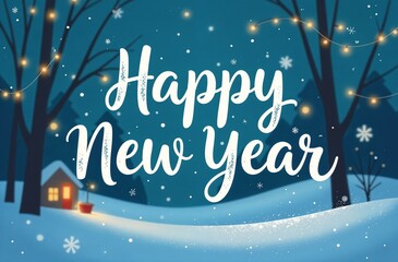 The inscription "Happy New Year" against the backdrop of a house with glowing windows. New Year postcard, banner.