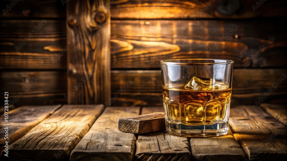 Poster a glass of amber liquid with ice cubes rests on a rustic wooden surface, illuminated by a warm glow 