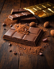 Broken dark chocolate bar and cocoa powder on a brown table