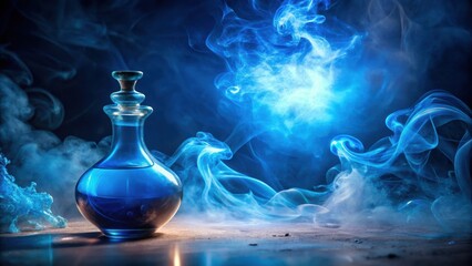 A glass bottle filled with a vibrant blue liquid sits on a surface surrounded by swirling, ethereal blue smoke, creating a mesmerizing and mystical atmosphere.