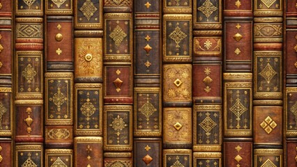 An intricate display of antique books, adorned with ornate golden detailing, speaks of a timeless collection of knowledge.
