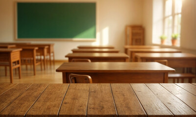 empty wooden table classroom background