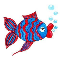 Fish with plump red lips decorated with stripes and wavy lines. The fish releases air bubbles. Hand drawn watercolor cartoon kid illustration.