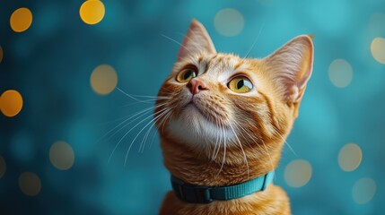 Portrait of a Red Cat with a Medical Cone Collar – Looking Up Against a Blue Background with Ample Copy Space

