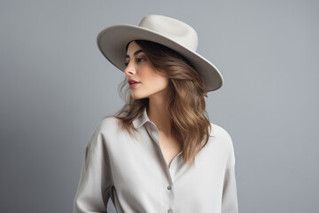 Hat, fashion space or woman in studio with a cool, trendy formal shirt or comfortable outfit mockup. Profile, clothes or female model with confidence in cosy, style or clothing on grey background 