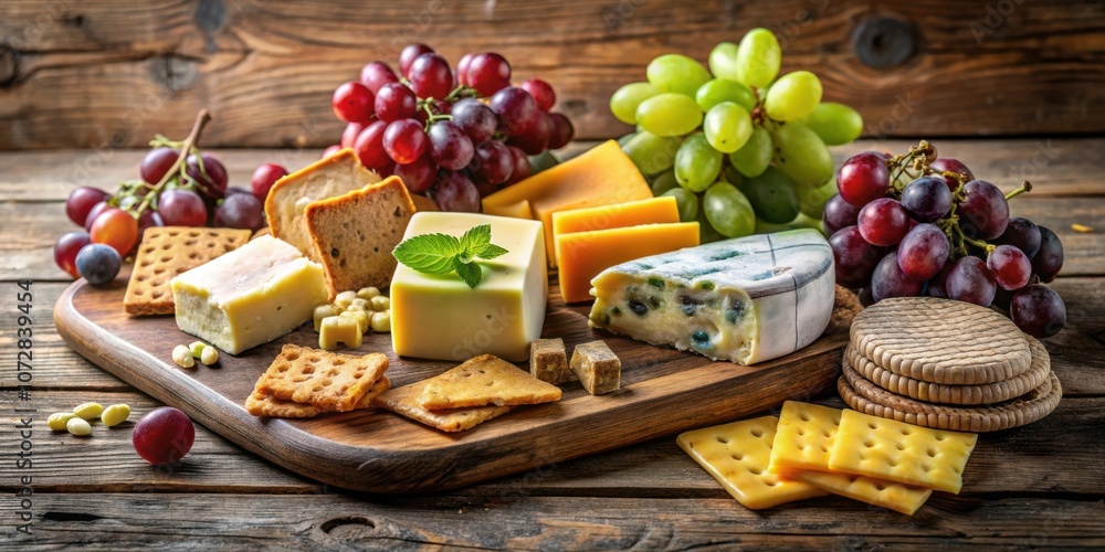 Poster a rustic wooden board adorned with a selection of cheeses, crackers, and grapes, creating a delightf