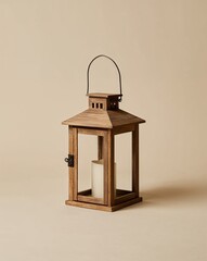 Hollowed wood lantern with rustic vibe on a plain beige background