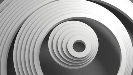 3D grayscale rendering of abstract geometric circular structure. A simple, minimal, and modern or contemporary background or wallpaper.