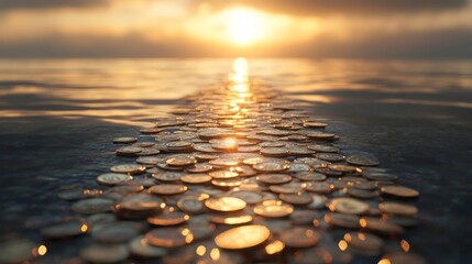 Golden Light and Financial Path A glowing pathway made of coins or dollar bills, set against a backdrop of a sunrise or horizon, symbolizing a bright financial future