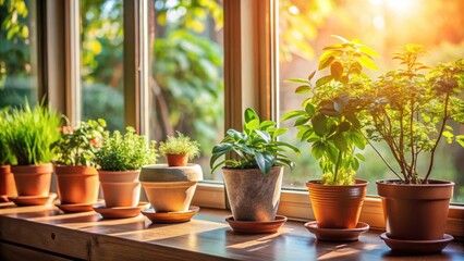 Sunlight streams through a window, illuminating a row of potted plants on a wooden windowsill.