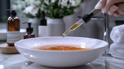 A hand using a dropper to add liquid to a bowl for skincare.