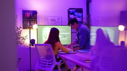 creative business skincare new product start up launch strategic planning discussion in modern interior at night office people brainstorm casual meeting presentation concentrate focus goal visoion 