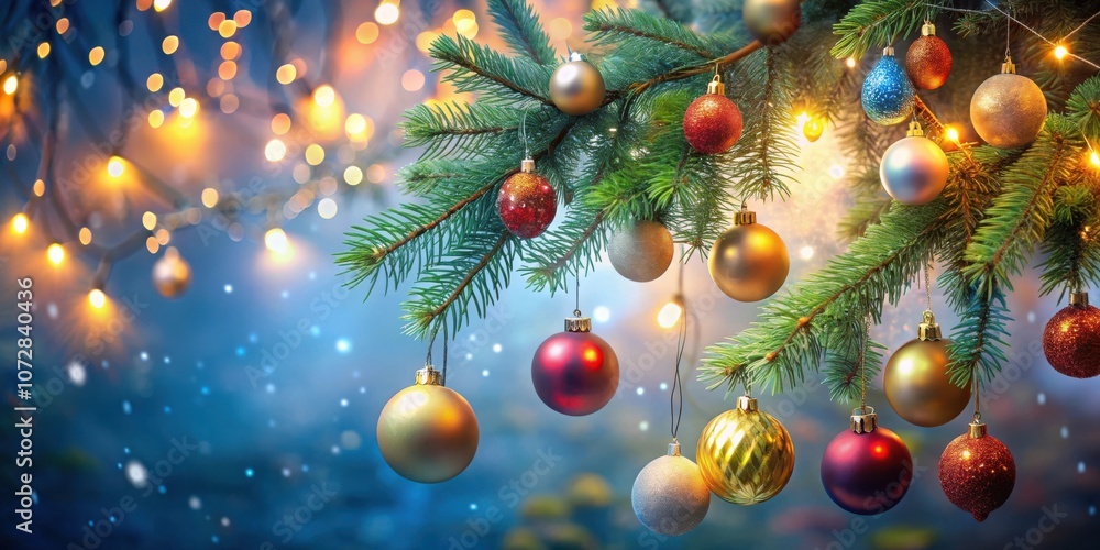Poster a festive evergreen branch adorned with colorful ornaments and warm, twinkling lights, creating a ma