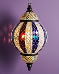 Obraz premium Moroccan patterned mosaic lantern casting colors on plain lavender background
