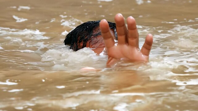 A close-up image of a person partially submerged in turbulent water, raising a hand, symbolizing distress or a call for help in a dangerous situation.