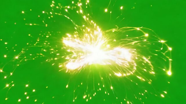 Bright spark explosion with glowing particles on green screen background. Isolated visual effect for VFX and video compositing.