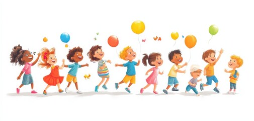Fototapeta premium A diverse group of joyful children celebrating with colorful balloons in a cheerful setting.