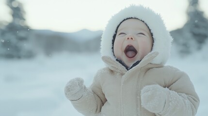 Obraz premium A joyful baby enjoying a snowy day in a cozy winter coat.