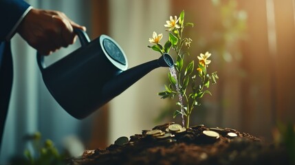 Businessman Watering Coin Plant : A businessperson holding a watering can, helping a plant of coins grow tall, representing an active investment strategy