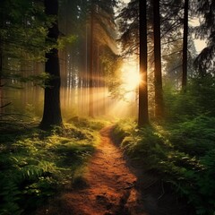 Fototapeta premium A serene forest path illuminated by sunlight, creating a tranquil atmosphere in nature.