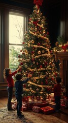 Children decorating a festive Christmas tree with ornaments and gifts during the holidays.