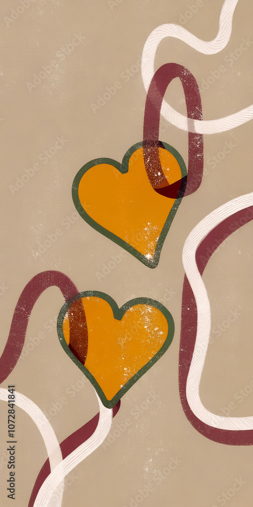 Poster retro style abstract hearts with curved lines on textured background