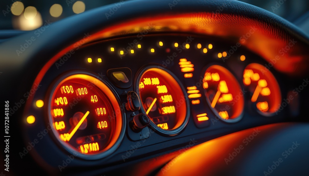 Poster dashboard display with engine warning lights illuminated for customization.